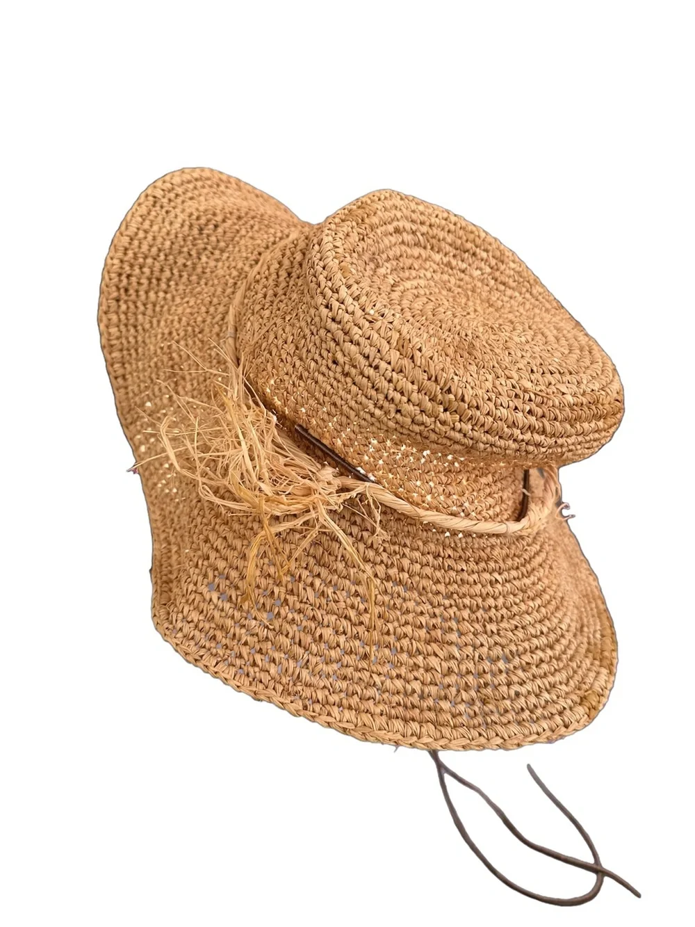 Nine West Natural Raffia Straw Wide Brim Floppy Hat - Brown Chin Strap